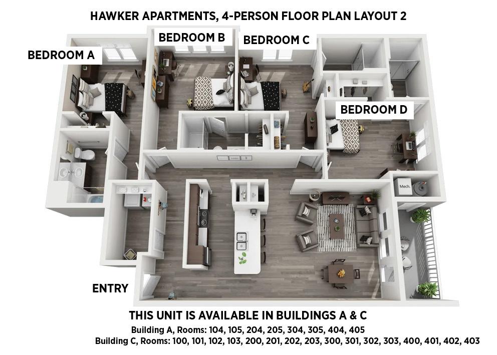 Hawker Apartments 4-person Floor Plan Layout 2