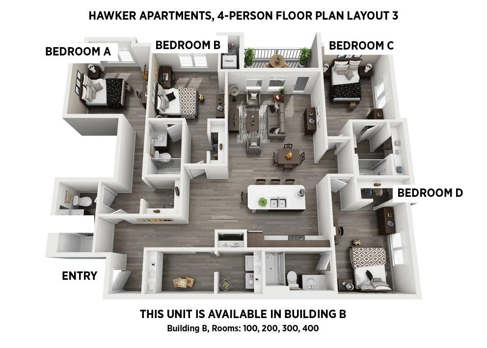 Hawker Apartments 4-person Floor Plan Layout 3